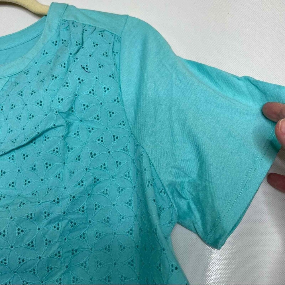 Woman Within Eyelet Top Women 14/16 M Aqua Blue Short Sleeve Split Neck - Picture 5 of 8